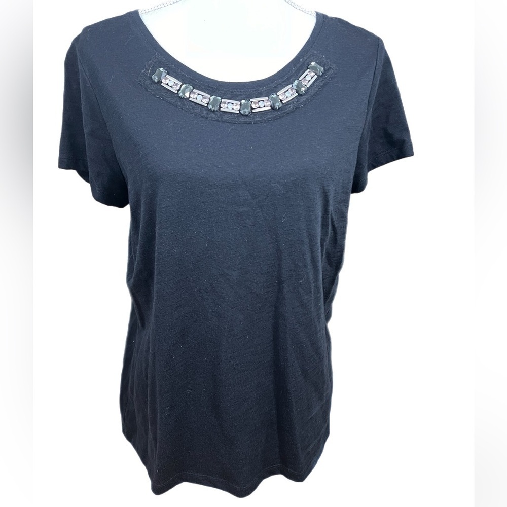 🔥ST. JOHNS BAY women Top L Black Stud embellished Short Sleeves Round Neck top